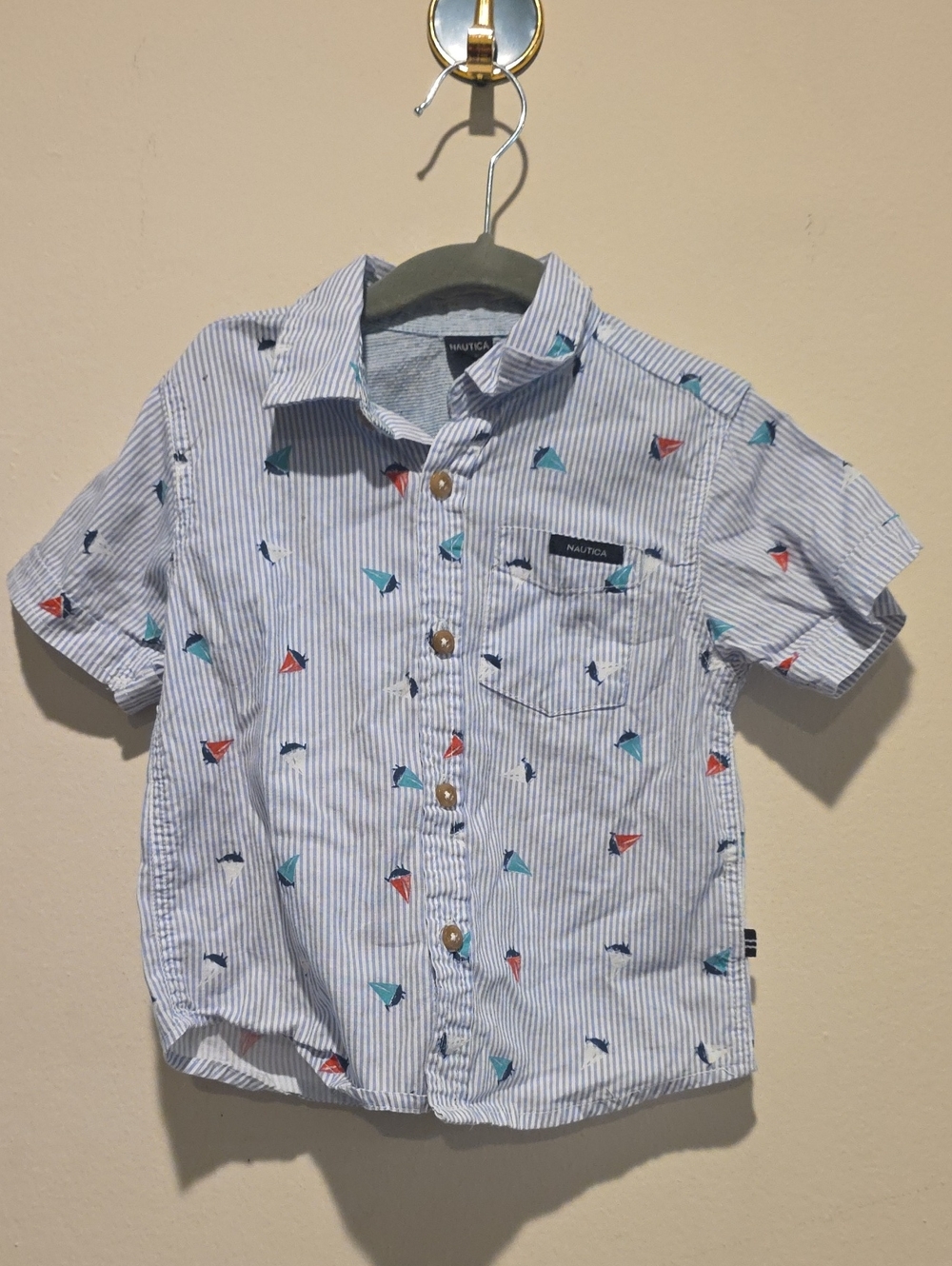 Nautica Blue Striped Short-Sleeve Button Shirt with Boat Print - Kids 2t